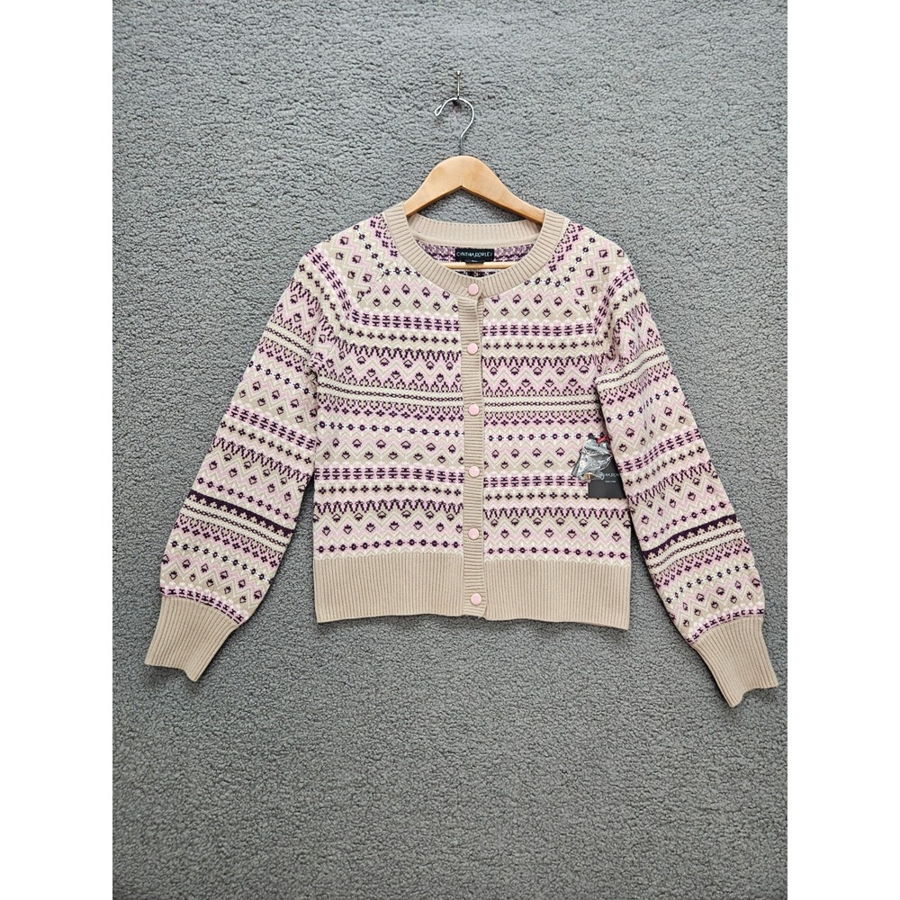 NWT Cynthia Rowley Cardigan Sweater Small Tan Pink Fair Isle Boho Grandmacore
